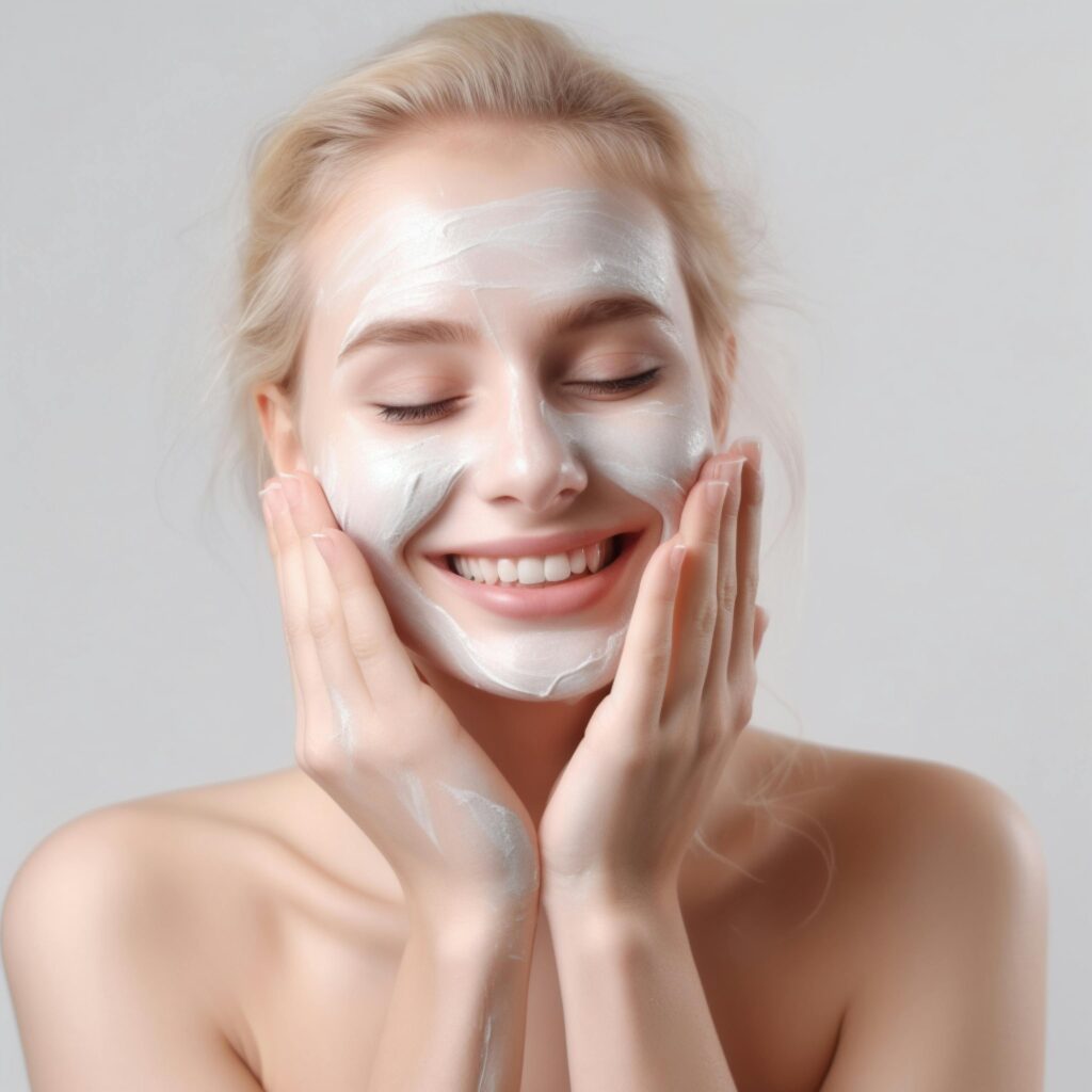 Smiling woman relaxing with a facial mask, promoting skincare and beauty routine.